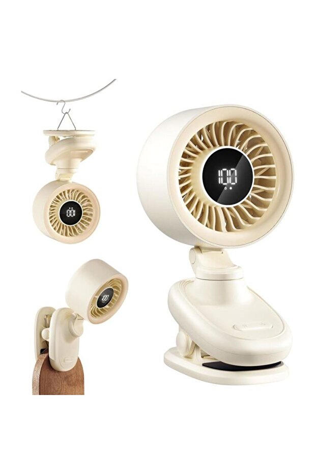 Mini clip-on USB desktop fan with rechargeable battery, oscillation function, timer, and stepless speed control.