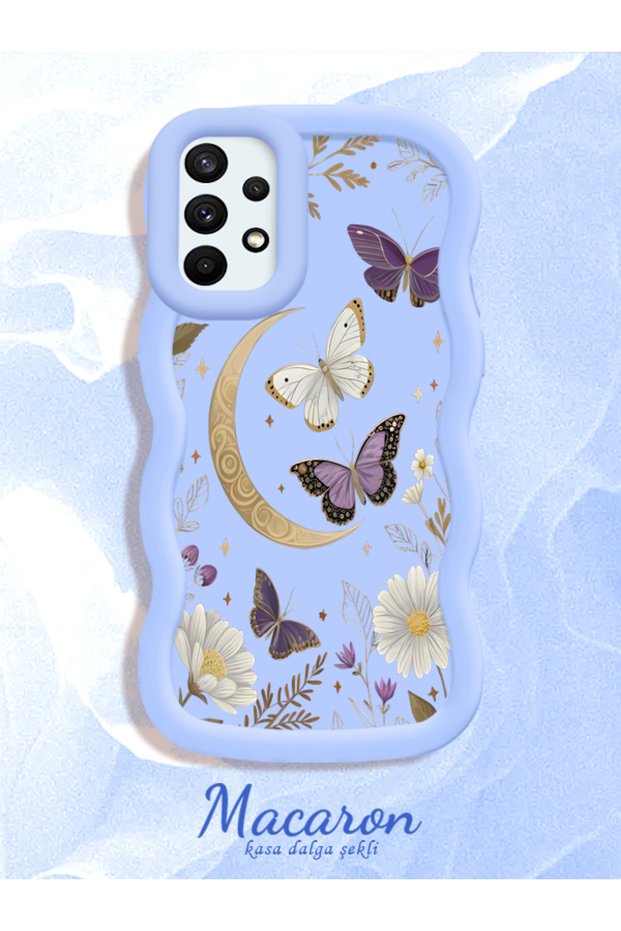 Samsung Galaxy A73 Compatible Wavy Frame Moon Butterfly and Flower Pattern Silicone Phone Case