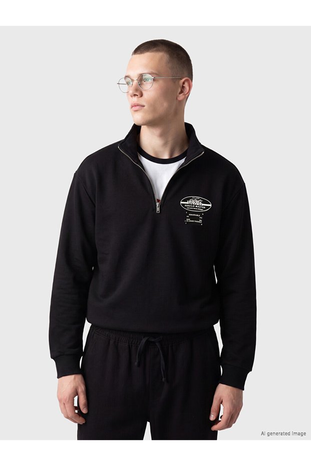 Ozmarka New Season Black Zippered Stand Collar Printed Men's Sweatshirt