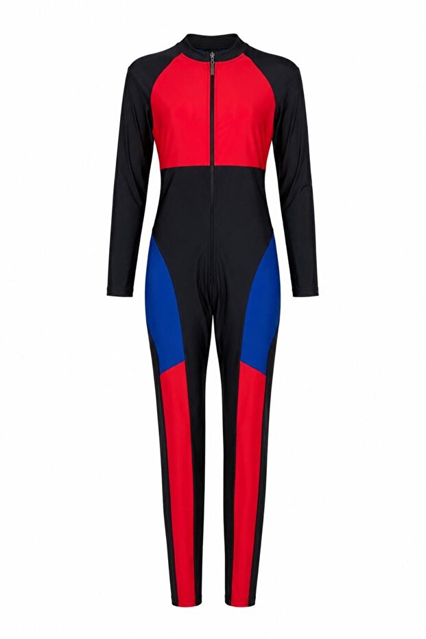 Women’s One-Piece Full-Coverage Swimsuit with Long Sleeves, Full-Length Legs, Colour-Block Design and Front Zipper