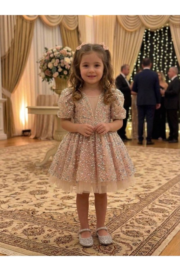 Girl's V-Neck Front Tulle Detailed Sequined and Beaded Embroidered Puffy Tutu Evening Dress