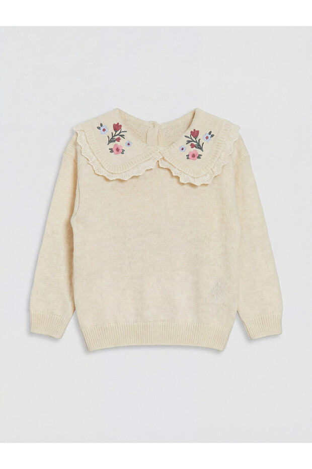 Ecru Embroidered Baby Collar Girls' Knit Sweater
