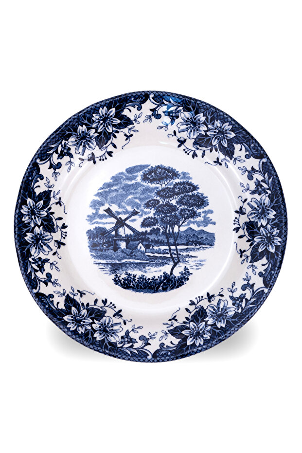 Earthenware Classic Blue Windmill & Floral Pattern Salad Plate, 8.1 Inch, White