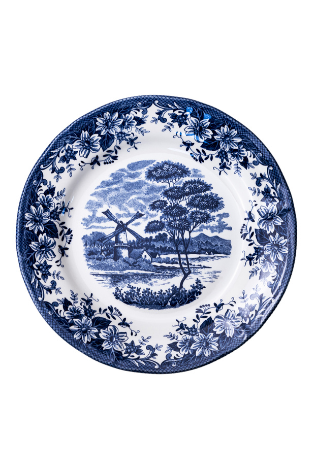 Earthenware Classic Blue Windmill & Floral Pattern Dinner Plate, 10.2 Inch, White