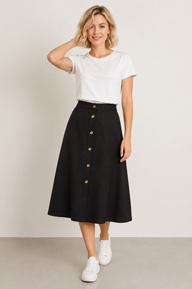 Women's Front Metal Buttoned Viscose Steel Skirt 1005-Black