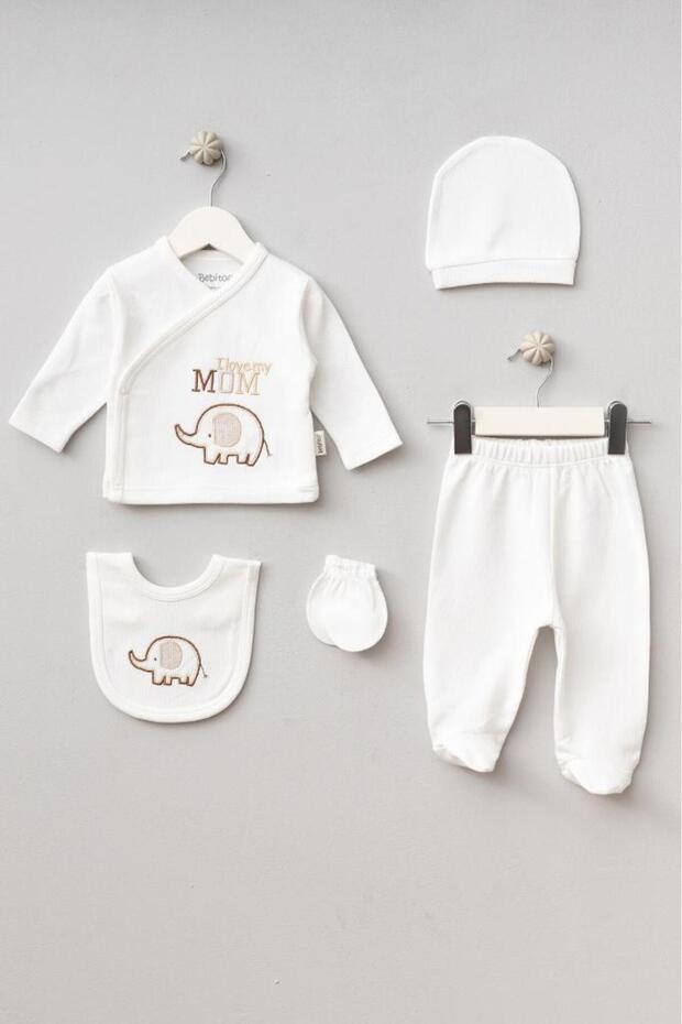 100% Cotton Elephant Patterned 5 Piece Newborn Hospital Discharge Bodysuit Set Ecru Bbtf.Ekr.20066.03