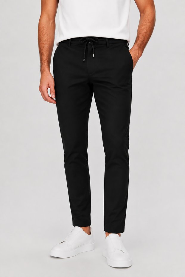 Men's Black Slim Fit Flexible Waist Lace-Up Fabric Trousers