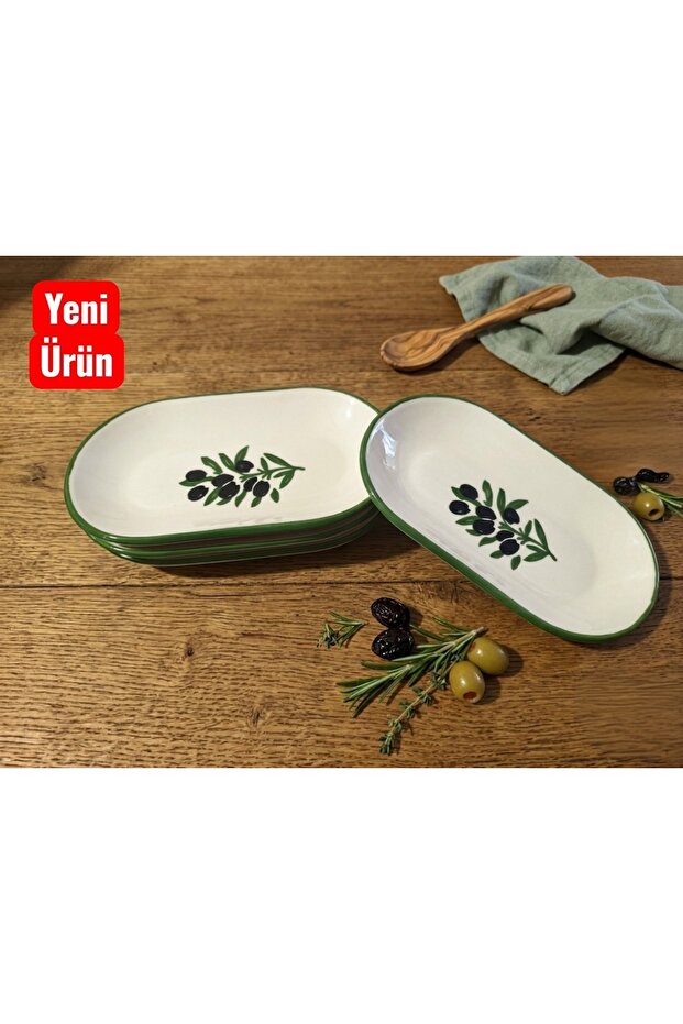 Plate Kayık Presentation & Breakfast Snack Plate 4 Pieces 19 cm Olive Green