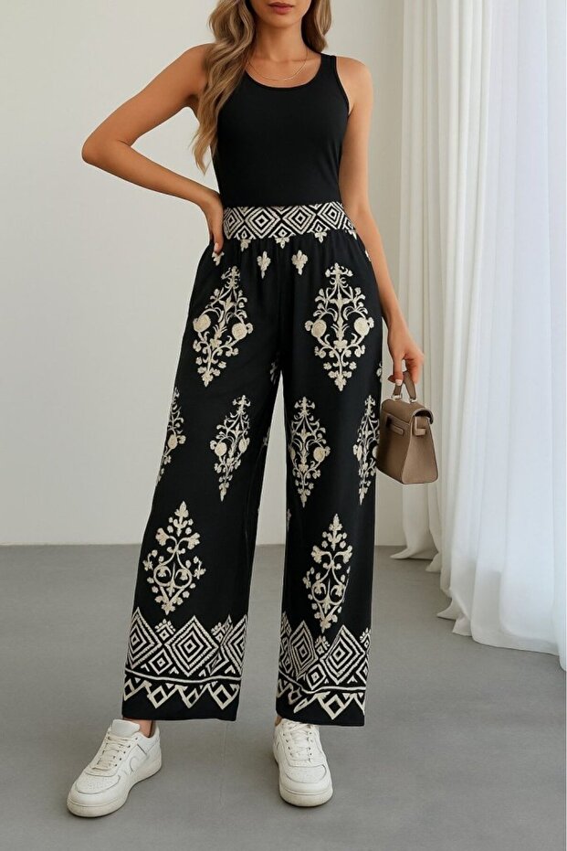 Women's High Waist Patterned Elastic Single Jersey Trousers