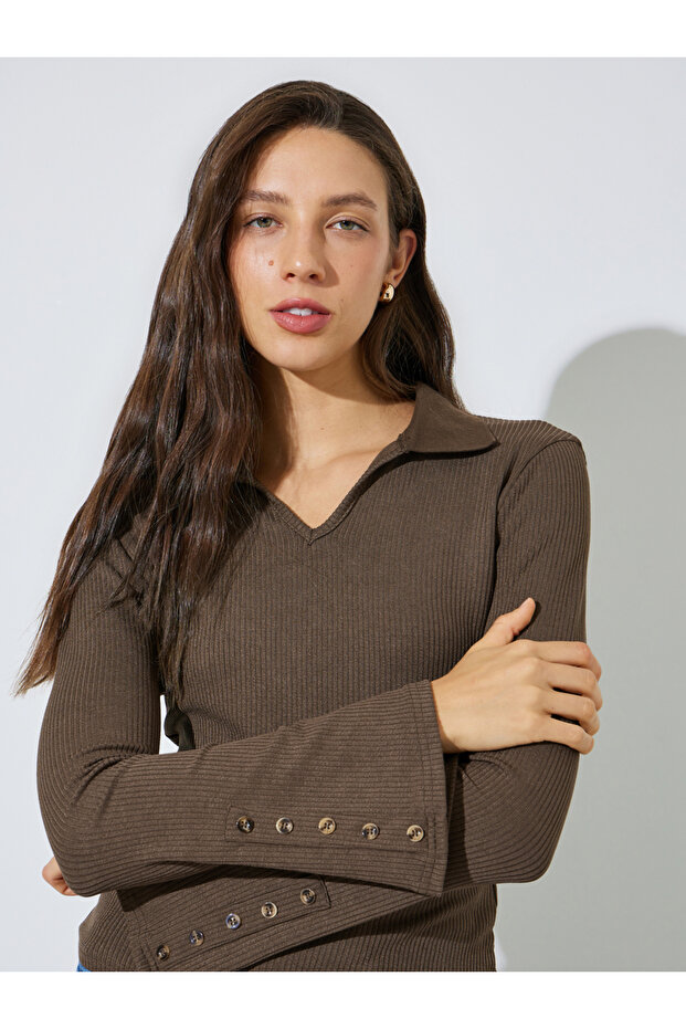 Brown Button Details Flared Cuffs Ribbed Knit Polo Top
