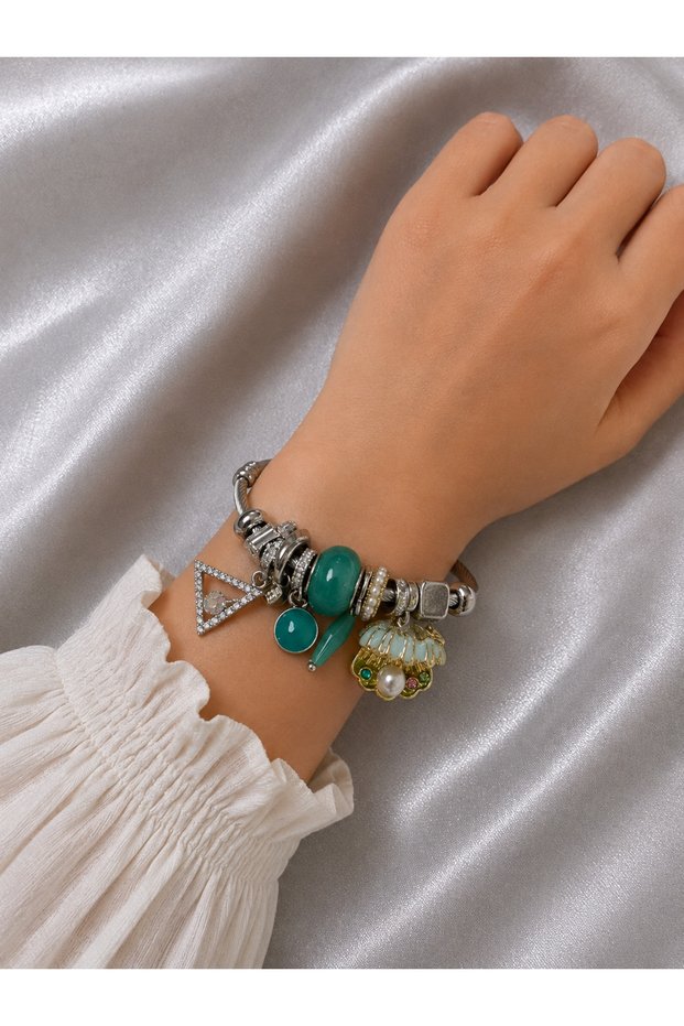 Women's Charm Detailed Steel Handcuff Bracelet