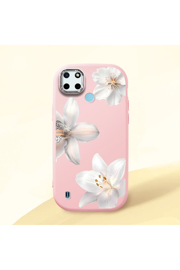 Realme C25Y Compatible Case Camera Protector Pink Silicone Couple Phone Case with Floral Pattern