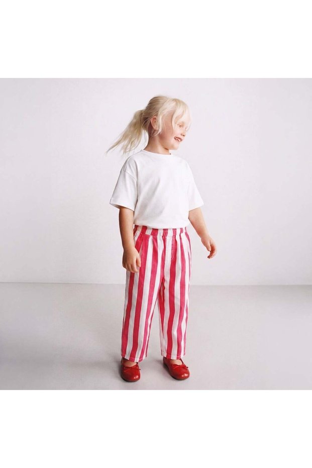 Girl's Pink and White Striped Wide-Leg Pants with Elastic Waist
