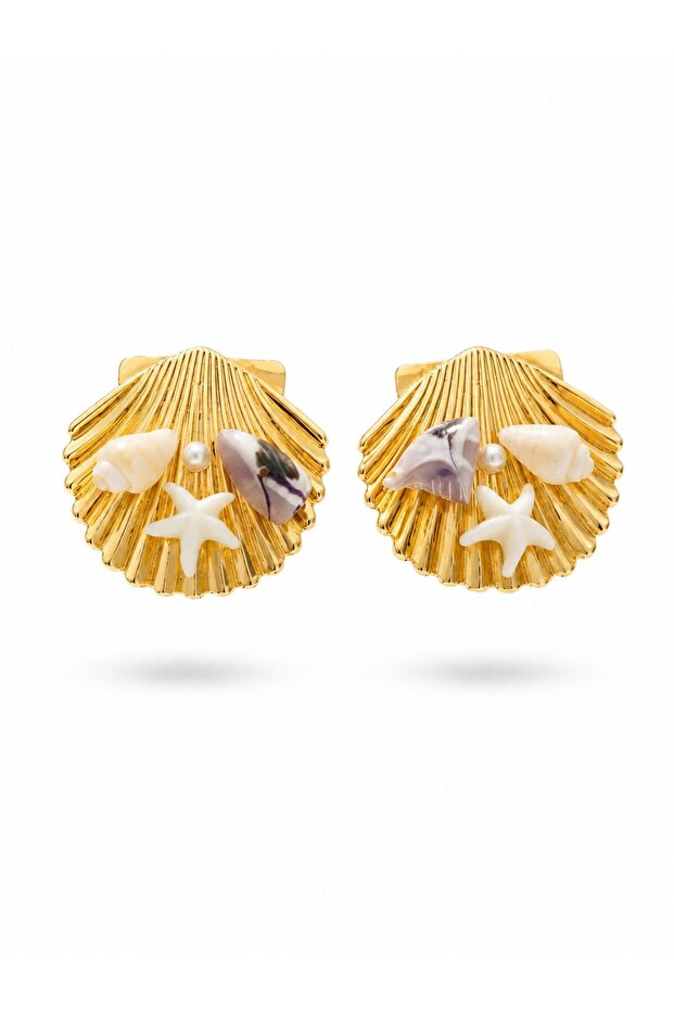 Gold Color Shell Earrings with Starfish and Purple Stone Detail