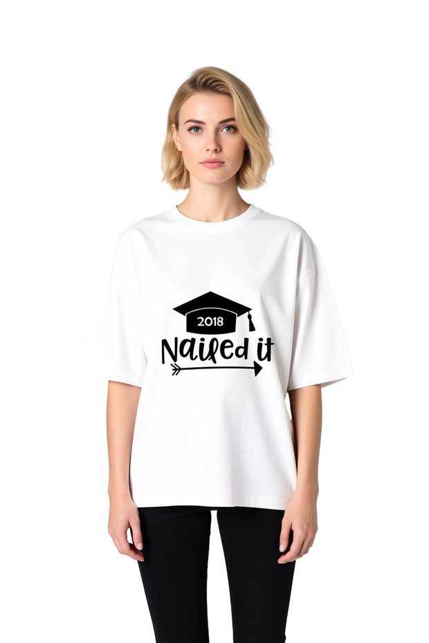 Women's Oversize Graduation Themed Graphic Printed 100% Cotton Short Sleeve Relaxed Fit T-Shirt Casual Stylish
