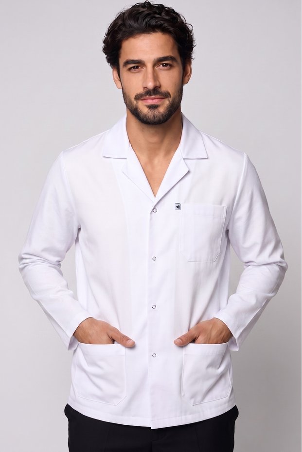 Men's Shirt Collar Long Sleeve Snap Fastener Jacket Oversized White Alpaca Fabric Doctor and Teacher Coat