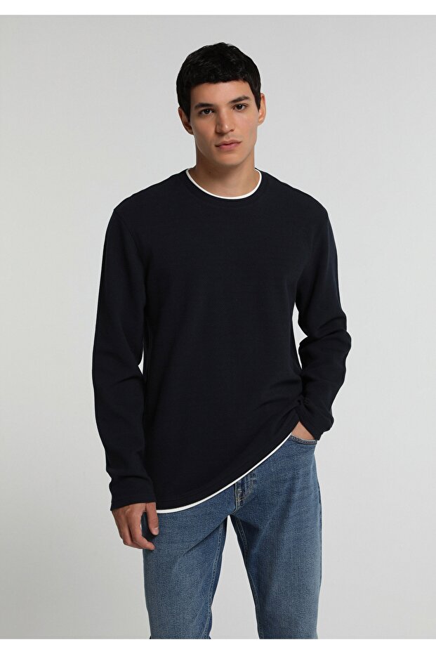 Regular Fit Round Neck Jacquard Men's Navy Blue T-Shirt