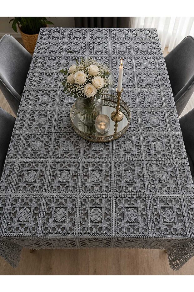 Saray Black Tulle Luxury Tablecloth with Embroidery 155X225