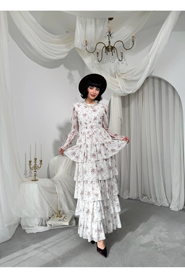 Women's Coffee Color Chiffon Floral Patterned Layered Flounce Belted Long Dress