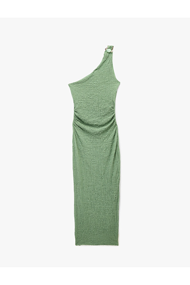 Slim Fit Slit Detailed Asymmetrical Collar One Shoulder Draped Dress with Accessories