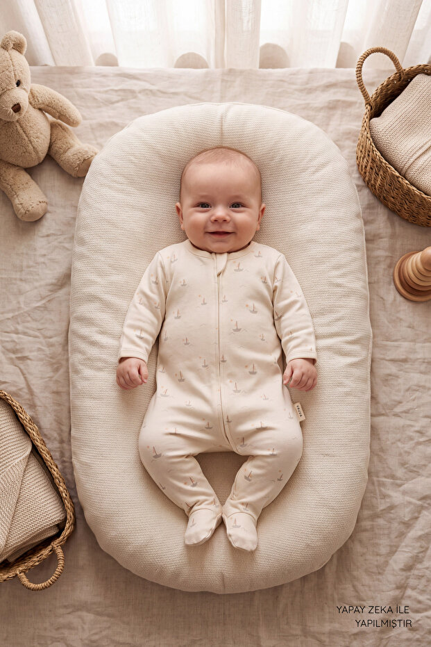Baby Boy Patterned Zippered Booties Jumpsuit 100% Cotton Long Sleeve Jumpsuit 0-9 Months