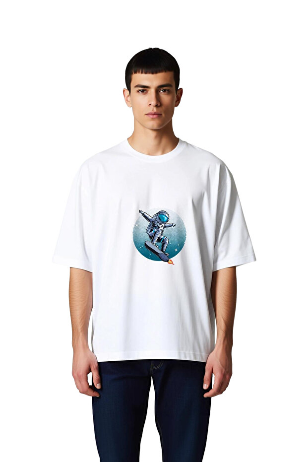Men's Oversize T-Shirt Astronaut Rocket Surfing Print Pop Art Space Themed Relaxed Fit Casual Modern