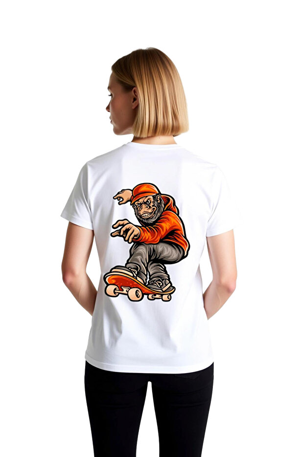 Red Sled-Riding Gorilla Skateboarding Printed Women's T-Shirt