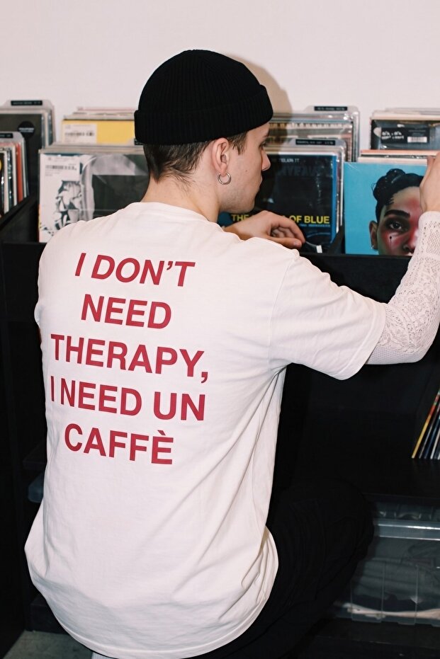 Men's Oversize T-Shirt Caffè Therapy Printed White – Crew Neck, Comfortable Fit, 100% Cotton