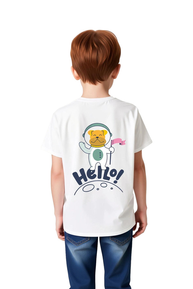 Children's Space Astronaut Printed Short Sleeve T-Shirt Retro Graphic Hello Design Relaxed Fit Casual Stylish