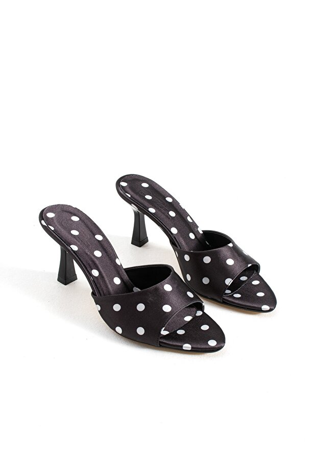 Women's Polka Dot Patterned Daily Classic Thin Heeled Slippers Esta - Black