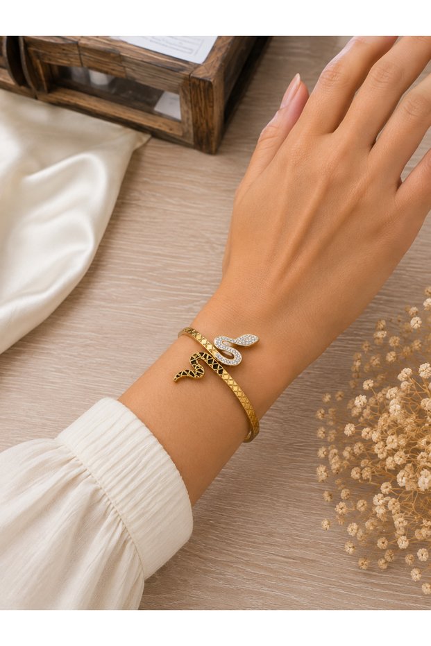 Women's Gold Color Stone Snake Figured Steel Handcuff Bracelet