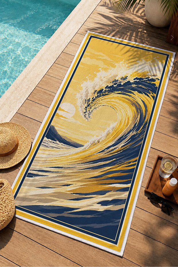 Dramatic Yellow Navy Blue Big Ocean Wave Patterned 70X150 Beach Towel - Cotton Bath Towel
