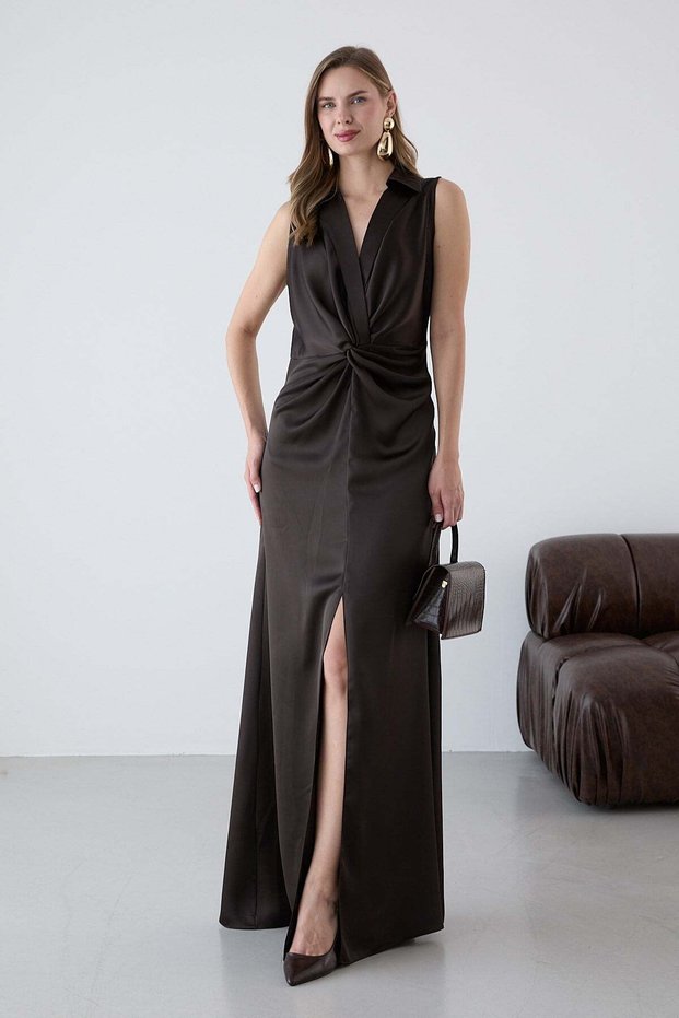 Dark Brown Shirt Collar Tie Detail Sleeveless Satin Dress