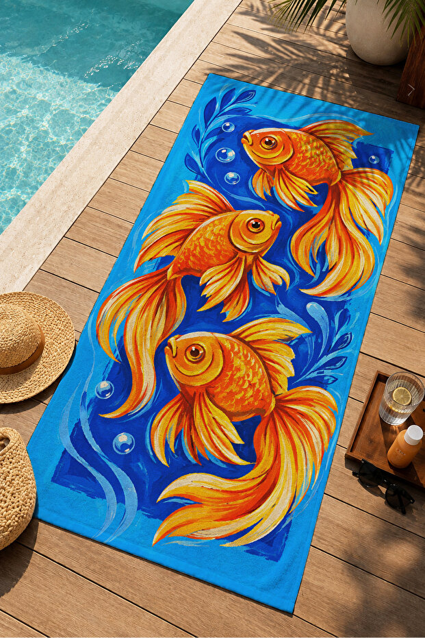 Japanese-Inspired Orange Koi Fish Patterned 70X150 Beach Towel - Digital Printed Fade-Resistant Bath Towel