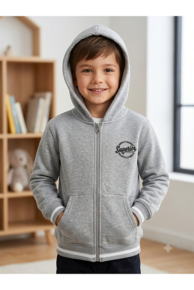 Hooded, Zippered, Pocketed, Embroidered, Ribbed Children's College Coat / School Coat