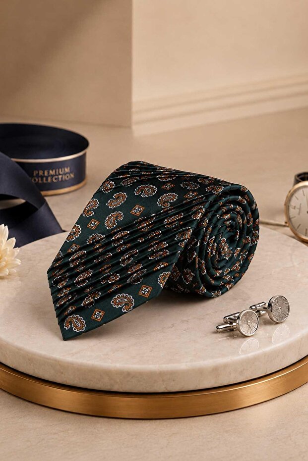 Green Shawl Pattern Italian Silk Pleated Tie Est247