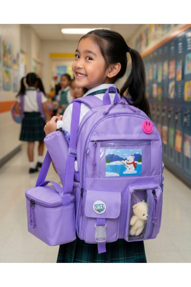 A+ Quality Korean Model Purple Girls Primary School Orthopedic Teddy Bear 3-Piece Bag Set 5 Compartments Water Bottle Foil Lunch Box Pencil Holder Set 682