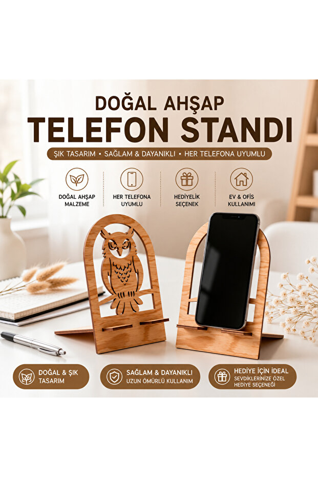 Natural Wooden Phone Stand Decorative Phone Holder Gift Owl Design Stylish Desktop