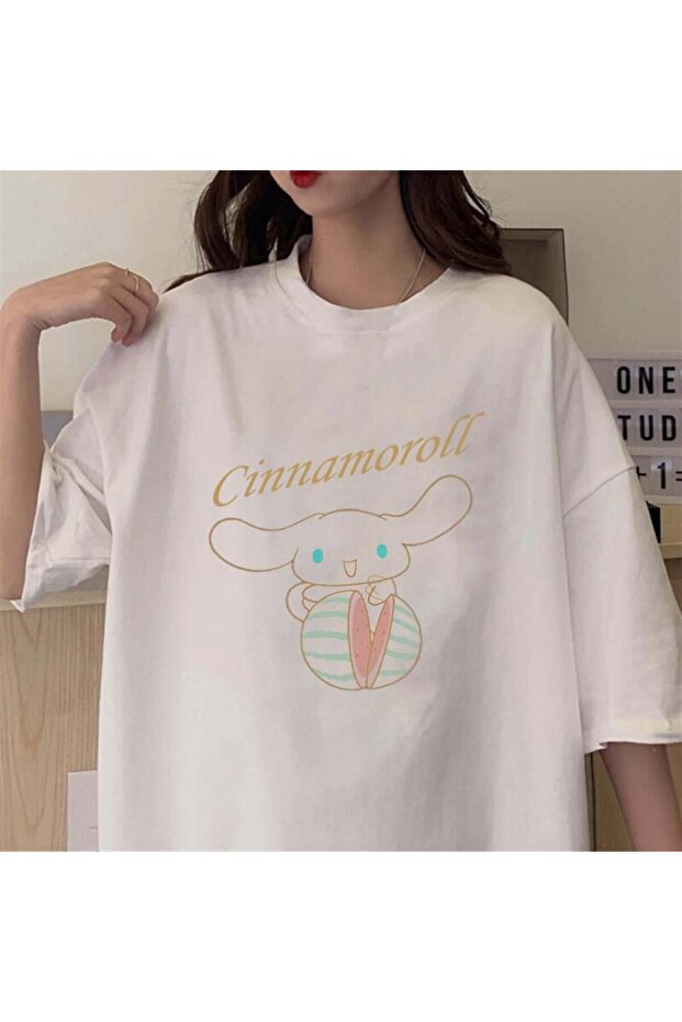 Mi̇ngalondon Cinnamoroll & Watermelon White Unisex Oversize T-Shirt
