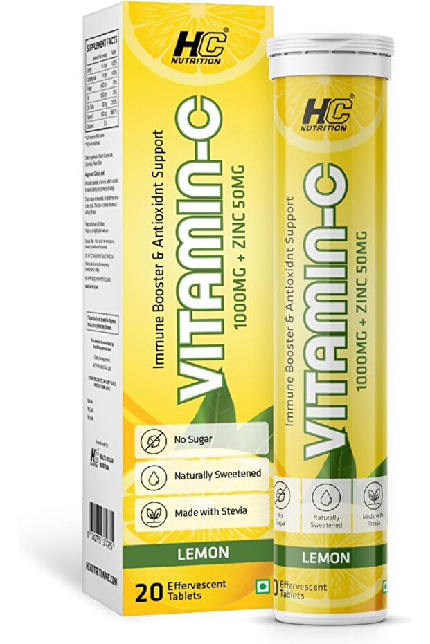 HC Vitamin C 1000mg + Zinc 50mg Lemon Effervescent Tablets 20 Tabs, Fast Dissolve Immune Support & Daily Wellness Supplement