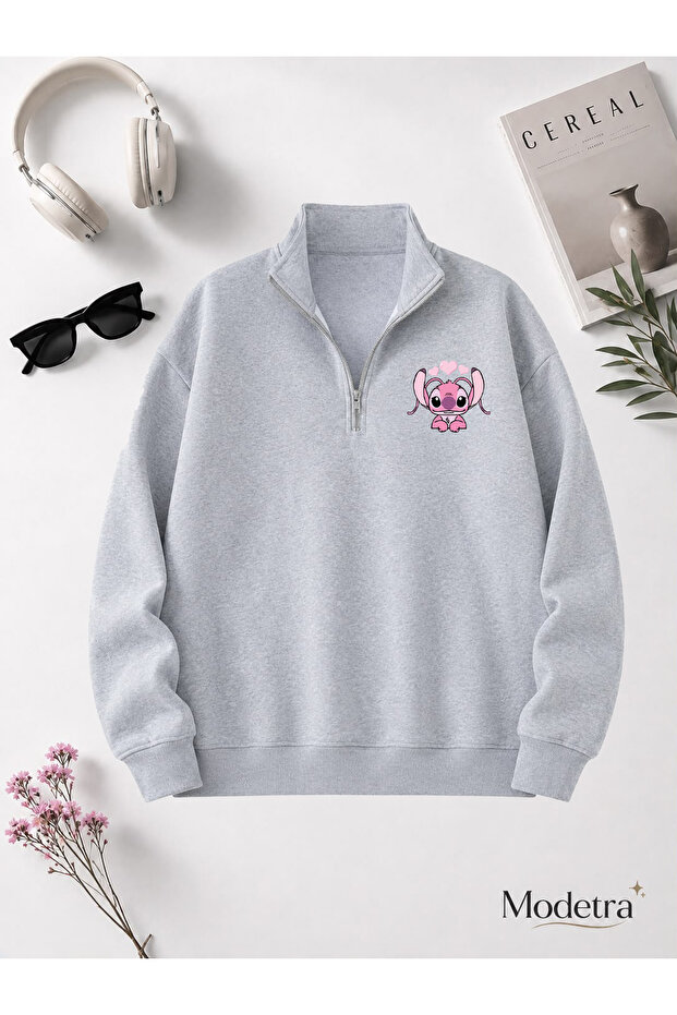 Unisex Women's Angel Stitch Printed Half-Zipper Stand Collar Basic Embroidered Sweatshirt