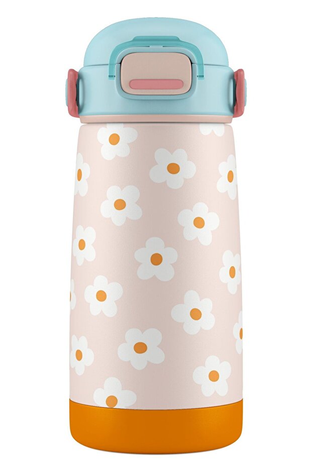 420 ml Girl's Turquoise Orange Daisy Patterned Steel Flask Water Bottle Thermos - 60006