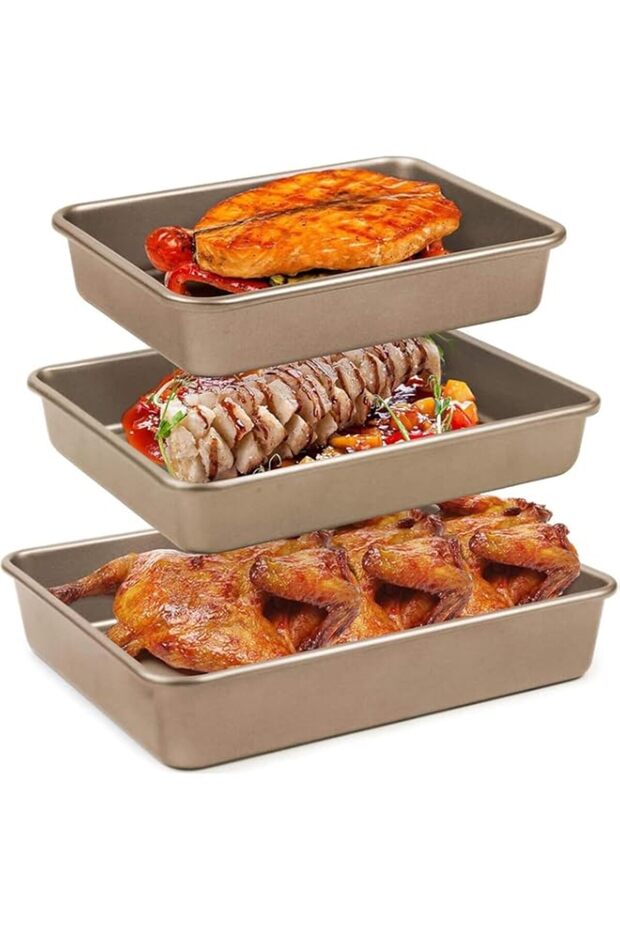 Aputue Baking Pan Set, 3 Pcs Nonstick Rectangular Cake Pans with Carbon Steel Construction, Deep Baking Sheets for Oven Toaster, Professional Bakeware Set for Breads Cakes and Focaccia