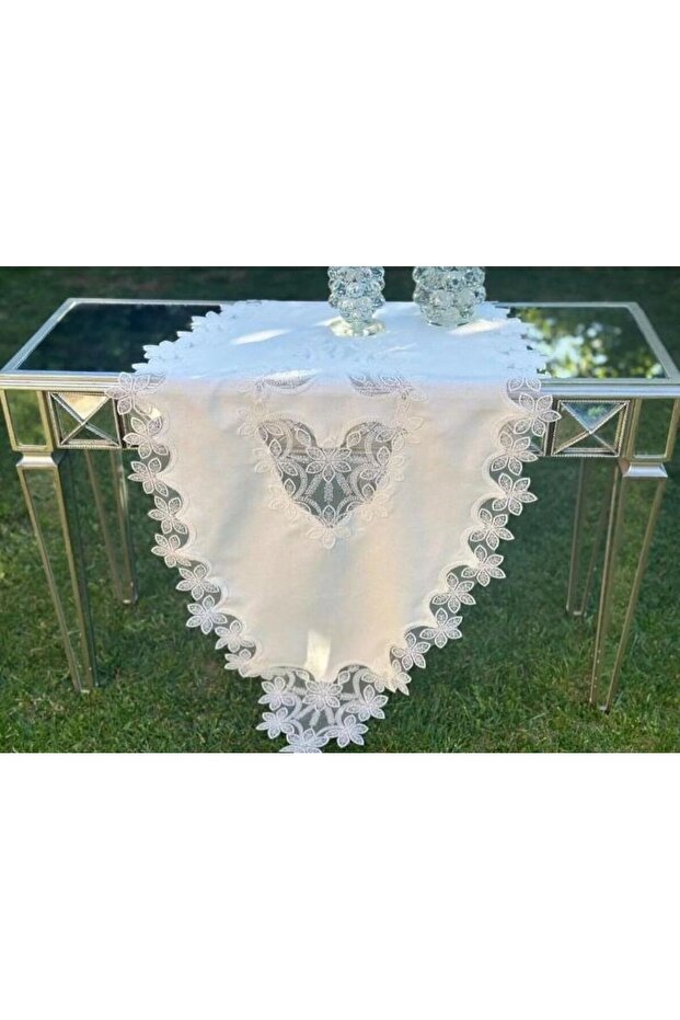 Selena Model Cream Dowry Lace Linen Tablecloth Runner Set Living Room Set