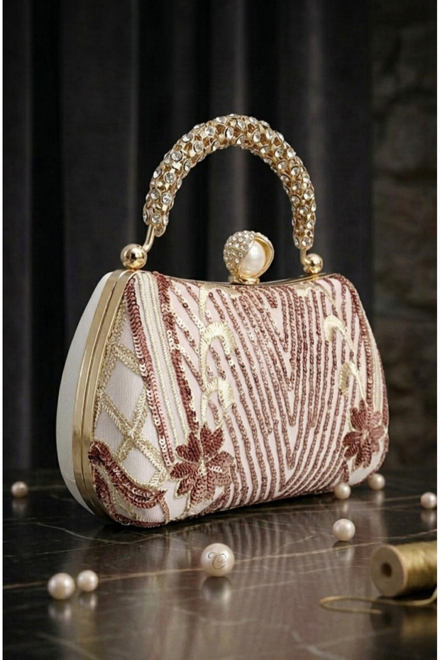 Women's Cream Color Wavy Sequin Patterned Pearl Stone Handle Chain Evening Dress Bag - 14×24