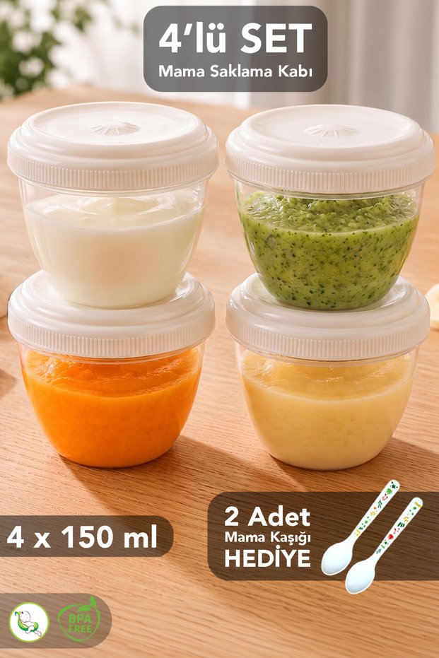 4-Piece Food Container Set - Leak-Proof Lid Mother Baby Milk Storage Container 150ml Food Spoon Gift