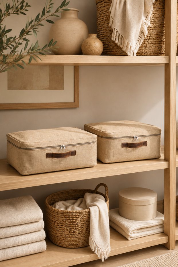 Beige Jute Storage Bag 2-Piece m Size 48X30X18 cm Foldable Fabric Storage Bag Closet and Under-Bed Organizer