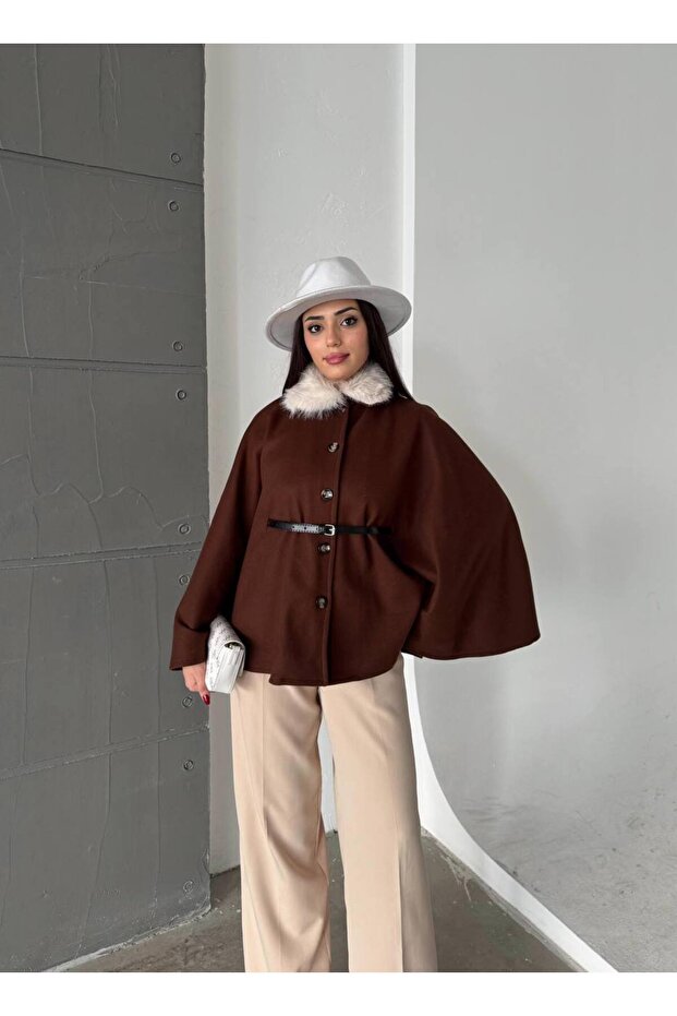 Women's Belt Detailed Fur Poncho