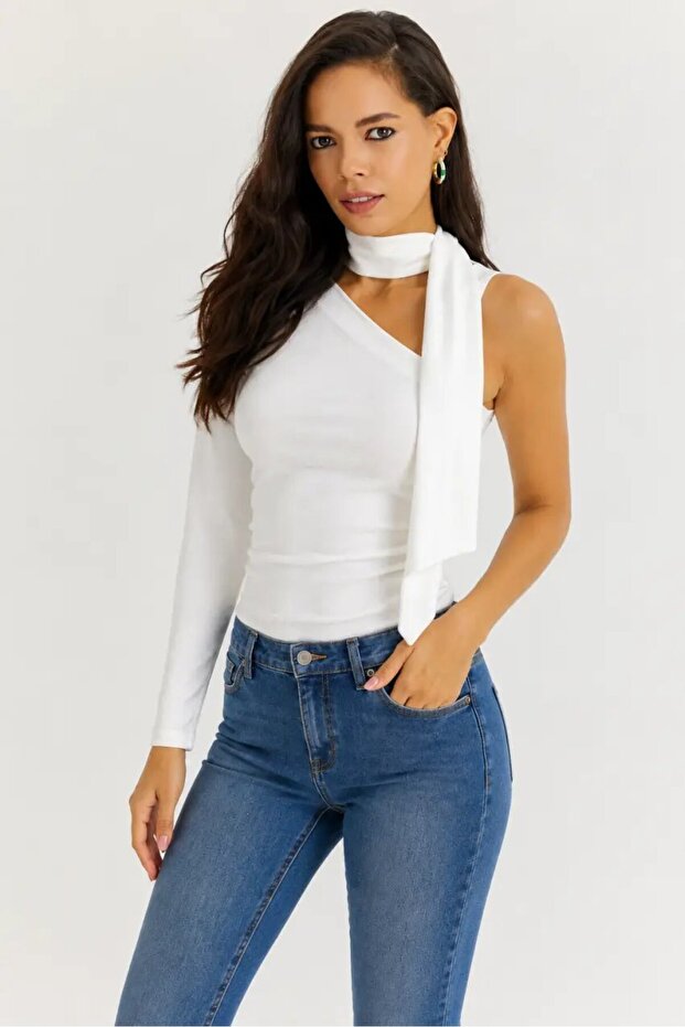 Asymmetrical One-Shoulder Shawl Detailed Long Sleeve Women's Blouse – White