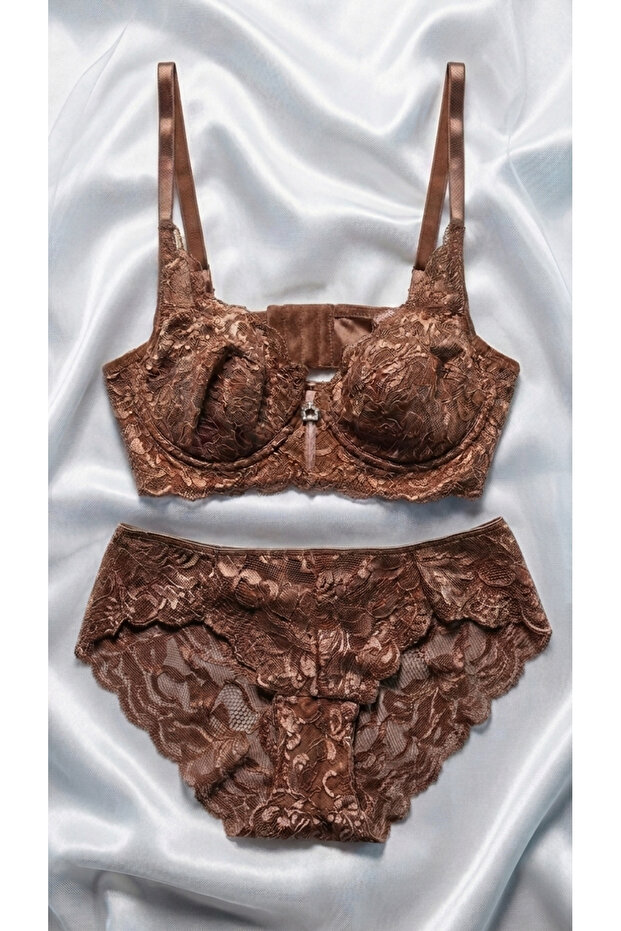 Women's Brown Lace and Stone Bralet Set